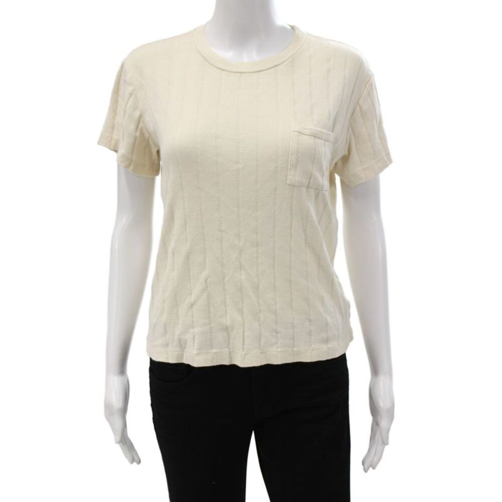 Re/Done Womens Basic Striped Cotton T-Shirt Beige Crew Short Sleeve Size M